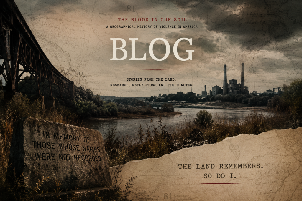 The Blood in Our Soil blog masthead, showing an industrial river landscape, a bridge, and a memorial to people whose names were not recorded